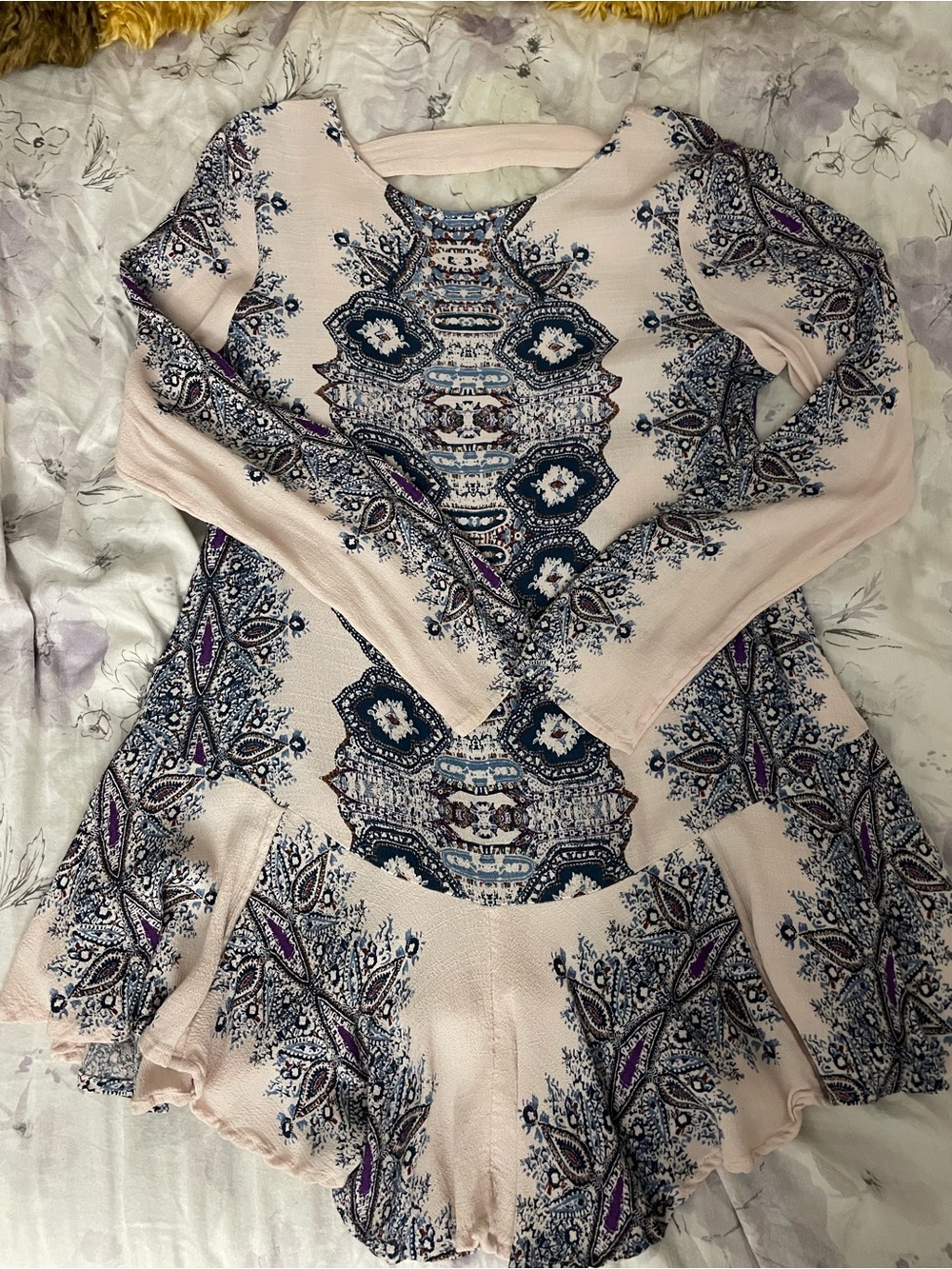 Free People Women's Pink Long Sleeve Printed Fit & Flare Dress